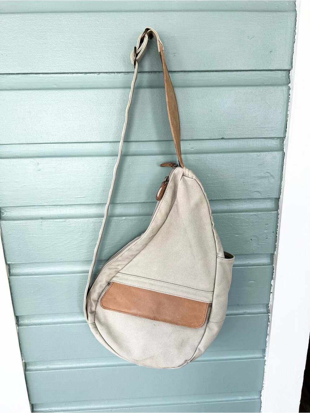 Vintage LL bean ameribag tan canvas leather trim sling back crossbody hike fall